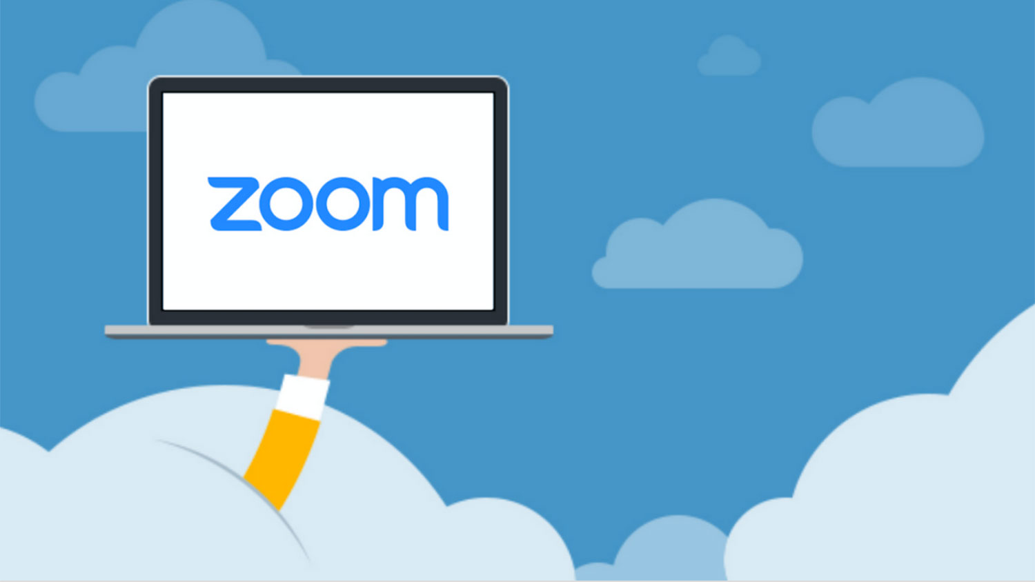 Zoom conferencing tool cartoon of a computer on a cloud