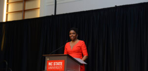 Domonique Carter, pictured here, delivered remarks as the annual Sisterhood Dinner in February 2023.